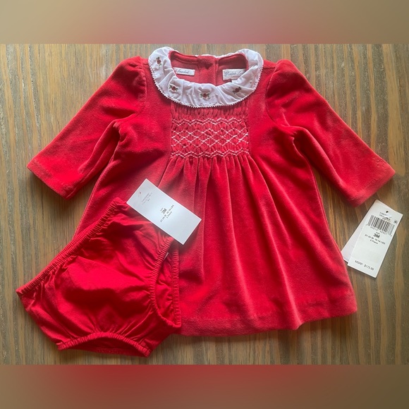 NWT Ralph Lauren Red Velour Embroidered Hand Smocked Dress & Bloomers Infant 3M - Picture 3 of 15